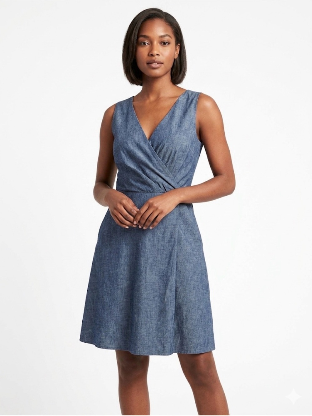 Sleeveless Faux-Wrap Mini Dress in Denim Blue